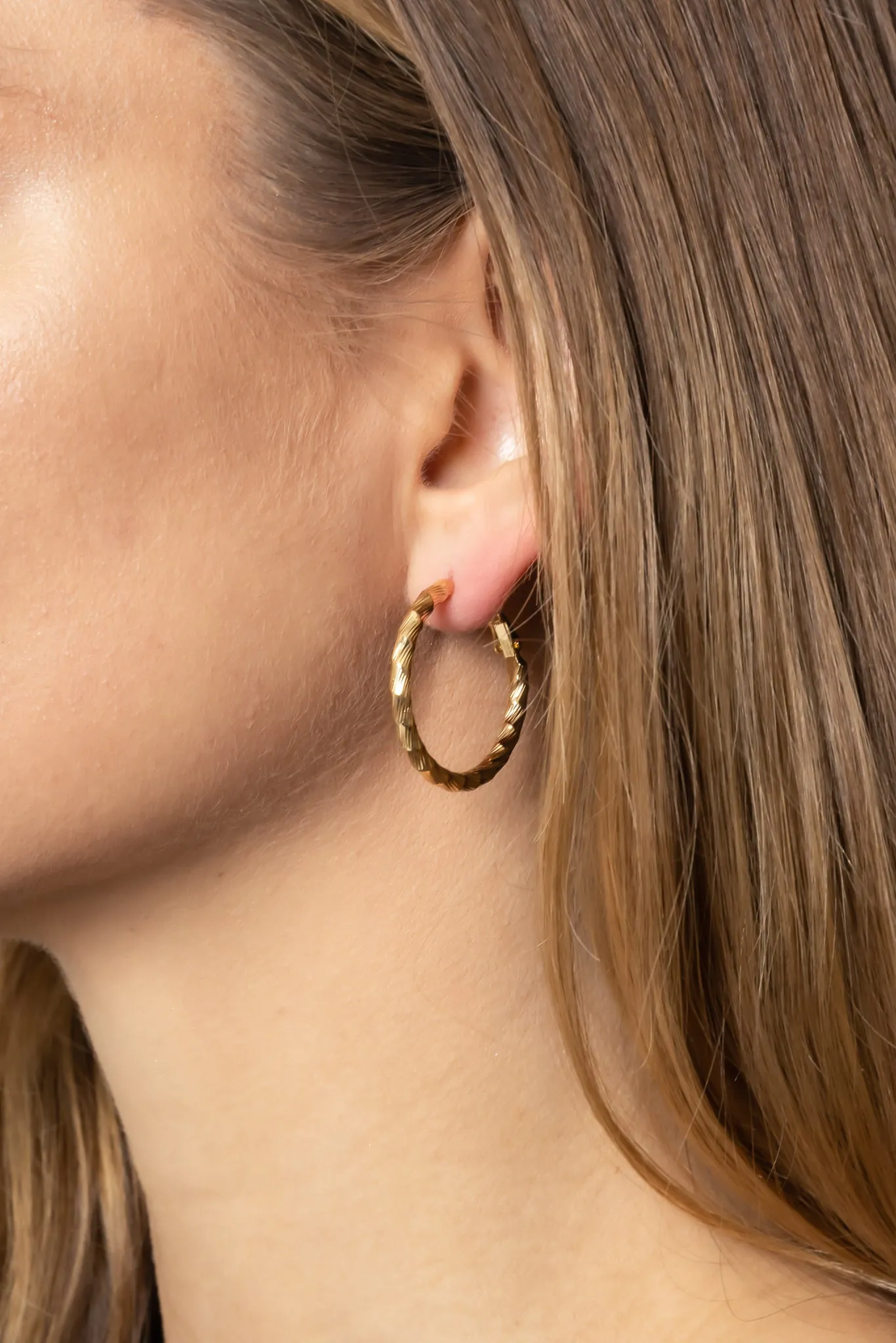 14K Gold Dipped Omega Closure Textured Hoop