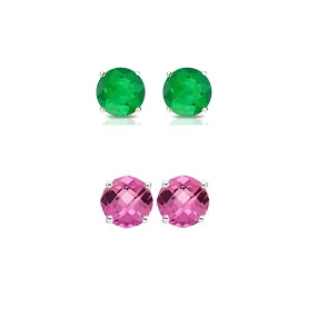 14k White Gold Plated 4Ct Created Emerald and Pink sapphire 2 Pair Round Stud Earrings
