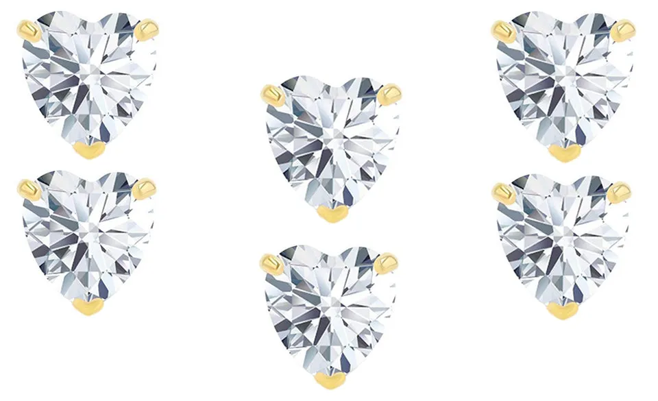 14k Yellow Gold Plated 3Ct Heart White Sapphire Set Of Three Stud Earrings