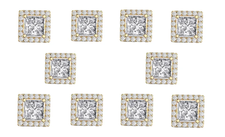 14k Yellow Gold Plated 4mm 1Ct Square Cut White Sapphire Set of Five Halo Stud Earrings
