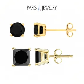 18k Yellow Gold 2 Pair Black Moissanite Round & Princess Cut Stud Earrings Plated 4mm By Paris Jewelry