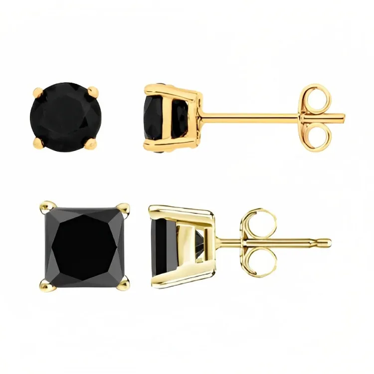 18k Yellow Gold 2 Pair Black Moissanite Round & Princess Cut Stud Earrings Plated 4mm By Paris Jewelry
