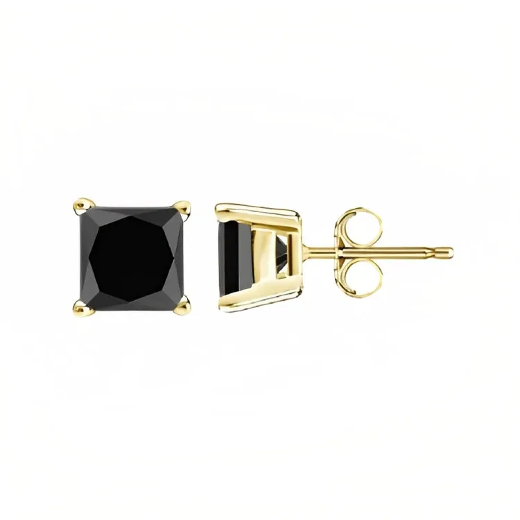 18k Yellow Gold 2 Pair Black Moissanite Round & Princess Cut Stud Earrings Plated 4mm By Paris Jewelry
