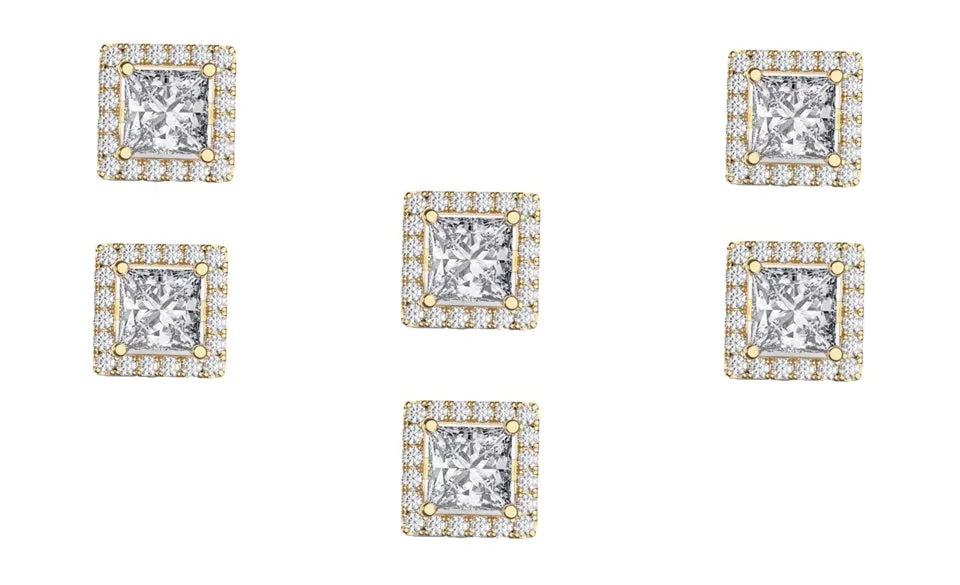 18k Yellow Gold Plated 1/2Ct Square Cut White Sapphire Set of Three Halo Stud Earrings