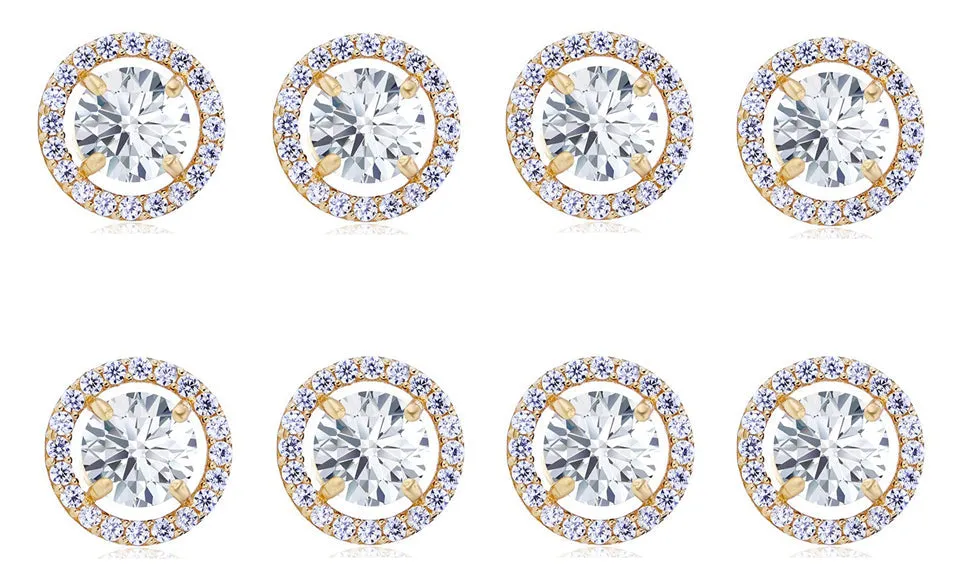 18k Yellow Gold Plated 2Ct Round White Sapphire Set Of Four Halo Stud Earrings