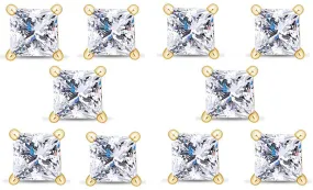 18k Yellow Gold Plated 3Ct Princess Cut White Sapphire Set Of Five Stud Earrings