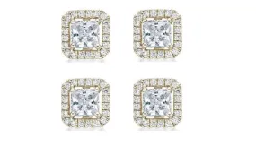 18k Yellow Gold Plated 3Ct Princess Cut White Sapphire Set of Two Halo Stud Earrings
