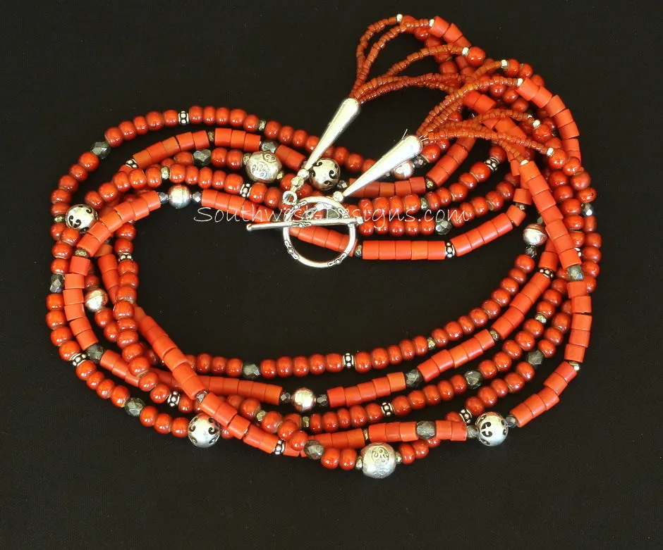 5-Strand Antique African Glass and Vintage White Heart Bead Necklace with Fire Polished Glass, Pyrite Nuggets, Antique Pote Beads and Ornate Sterling Silver