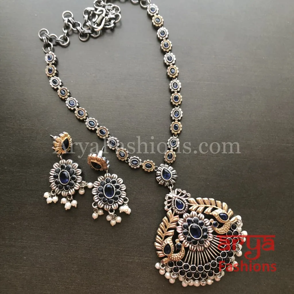 Aisha Dual Tone Oxidized Silver Designer Statement Necklace