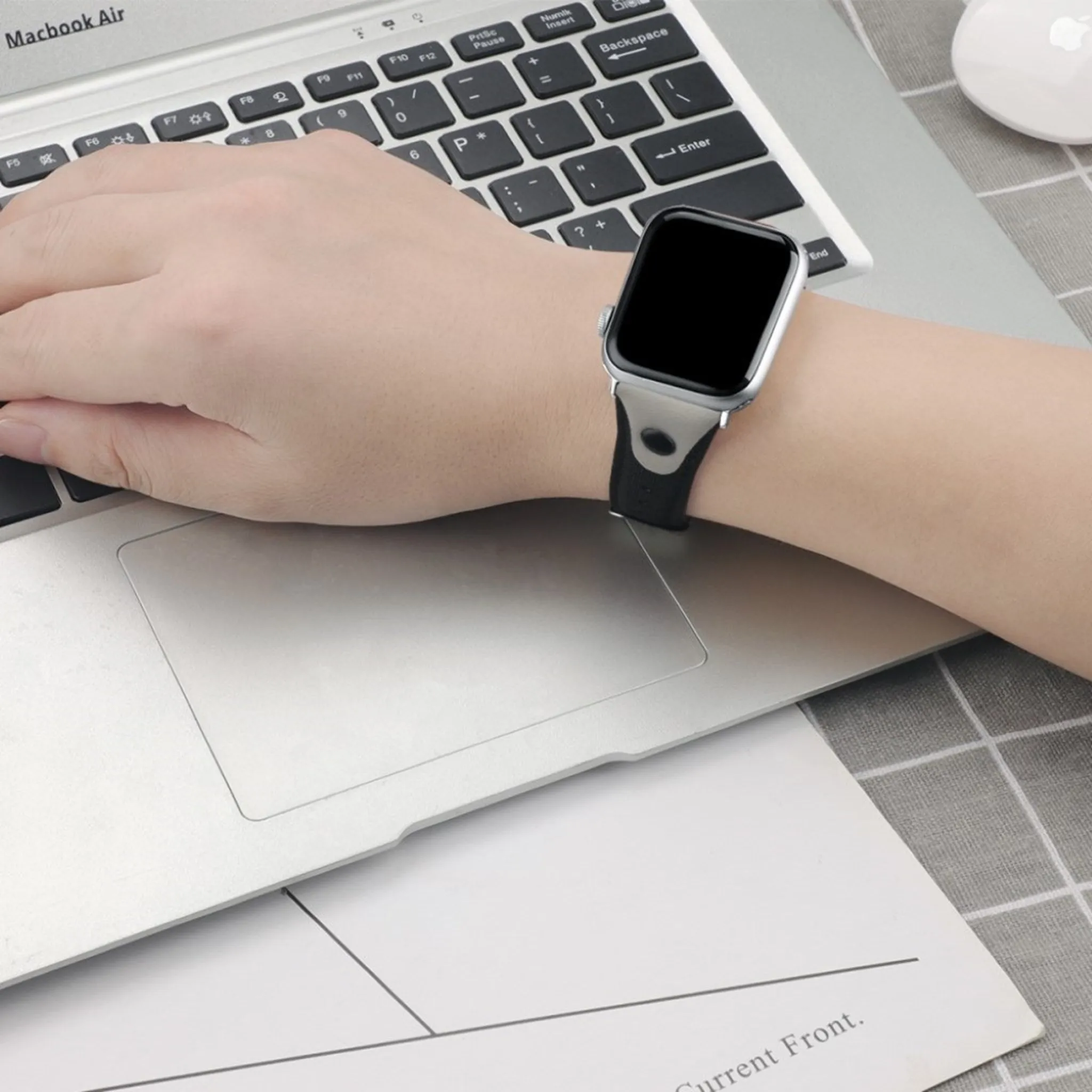 Apple Watch Series 5 / 4 44mm canvas genuine leather watch band - Black / Grey
