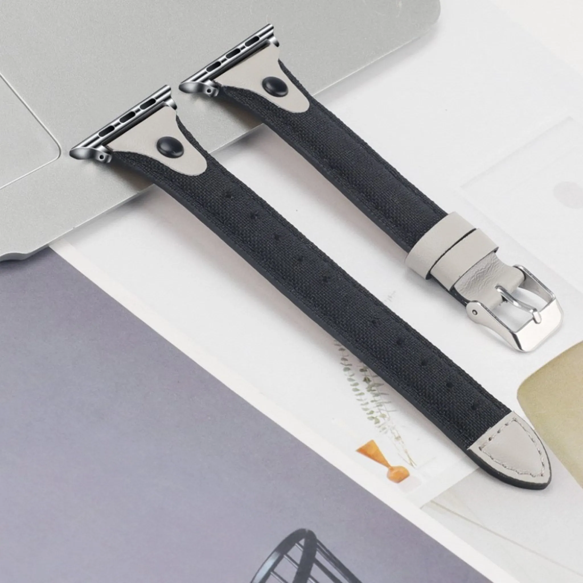 Apple Watch Series 5 / 4 44mm canvas genuine leather watch band - Black / Grey