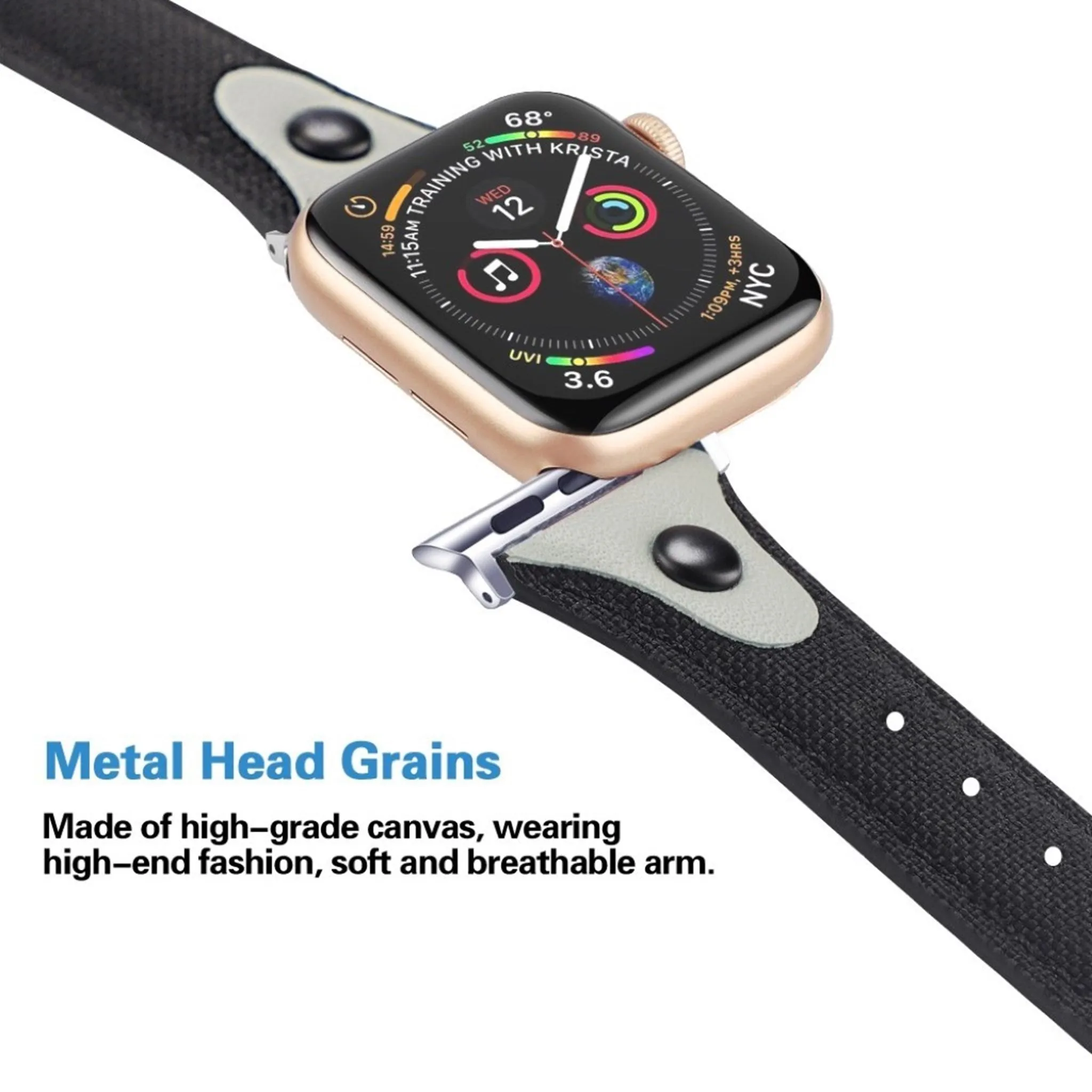 Apple Watch Series 5 / 4 44mm canvas genuine leather watch band - Black / Grey