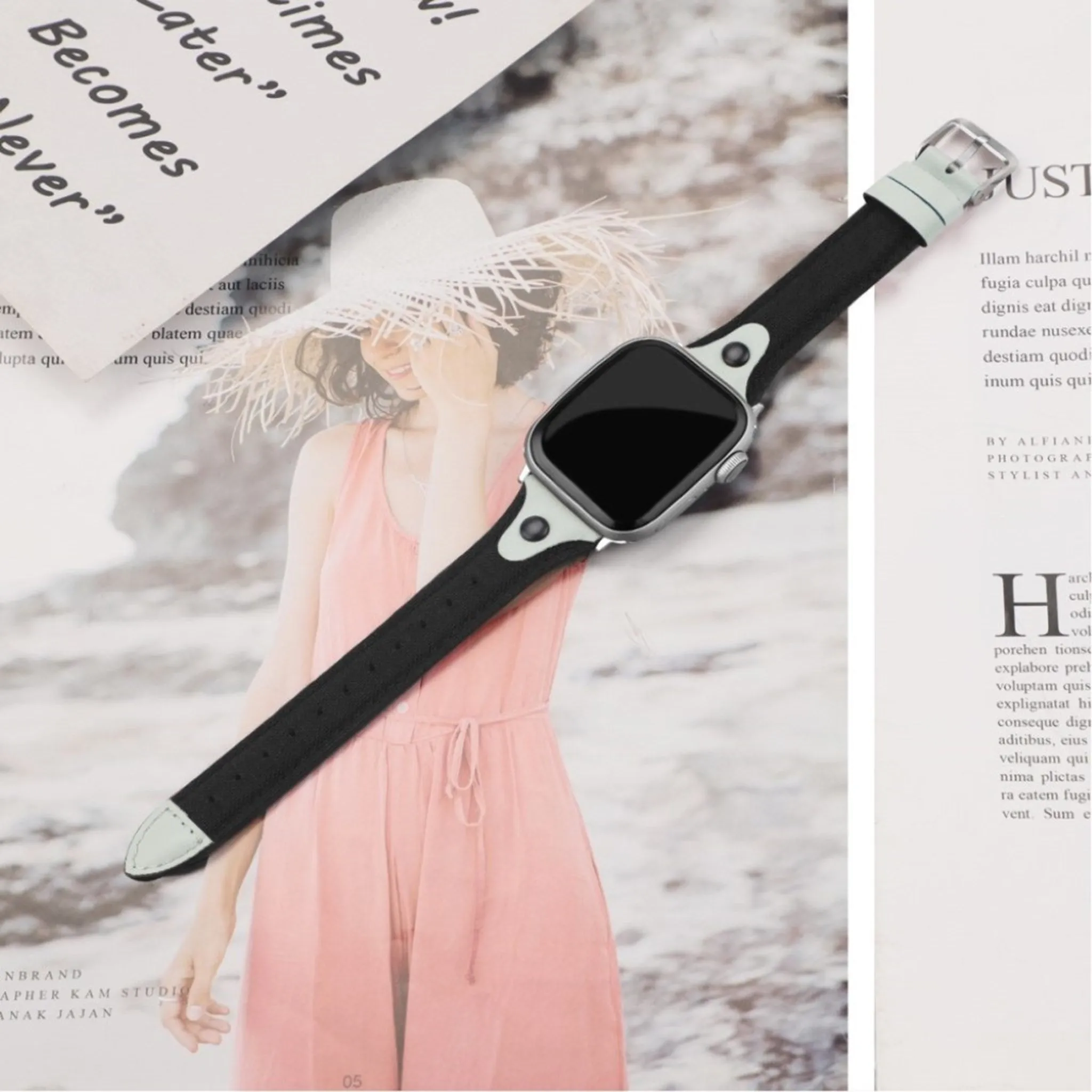 Apple Watch Series 5 / 4 44mm canvas genuine leather watch band - Black / Grey