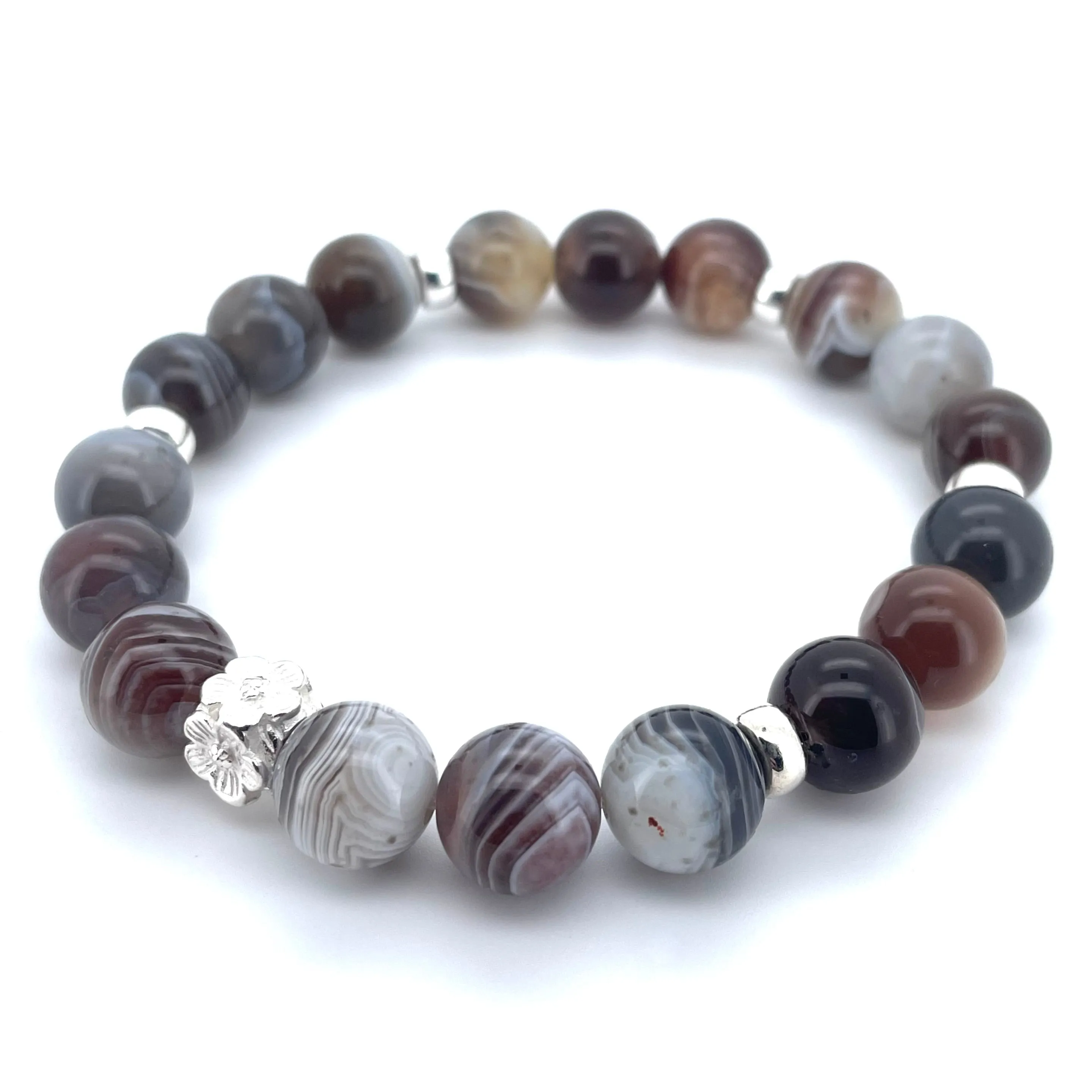 BOTSWANA AGATE & STERLING SILVER BEADED BRACELET-
