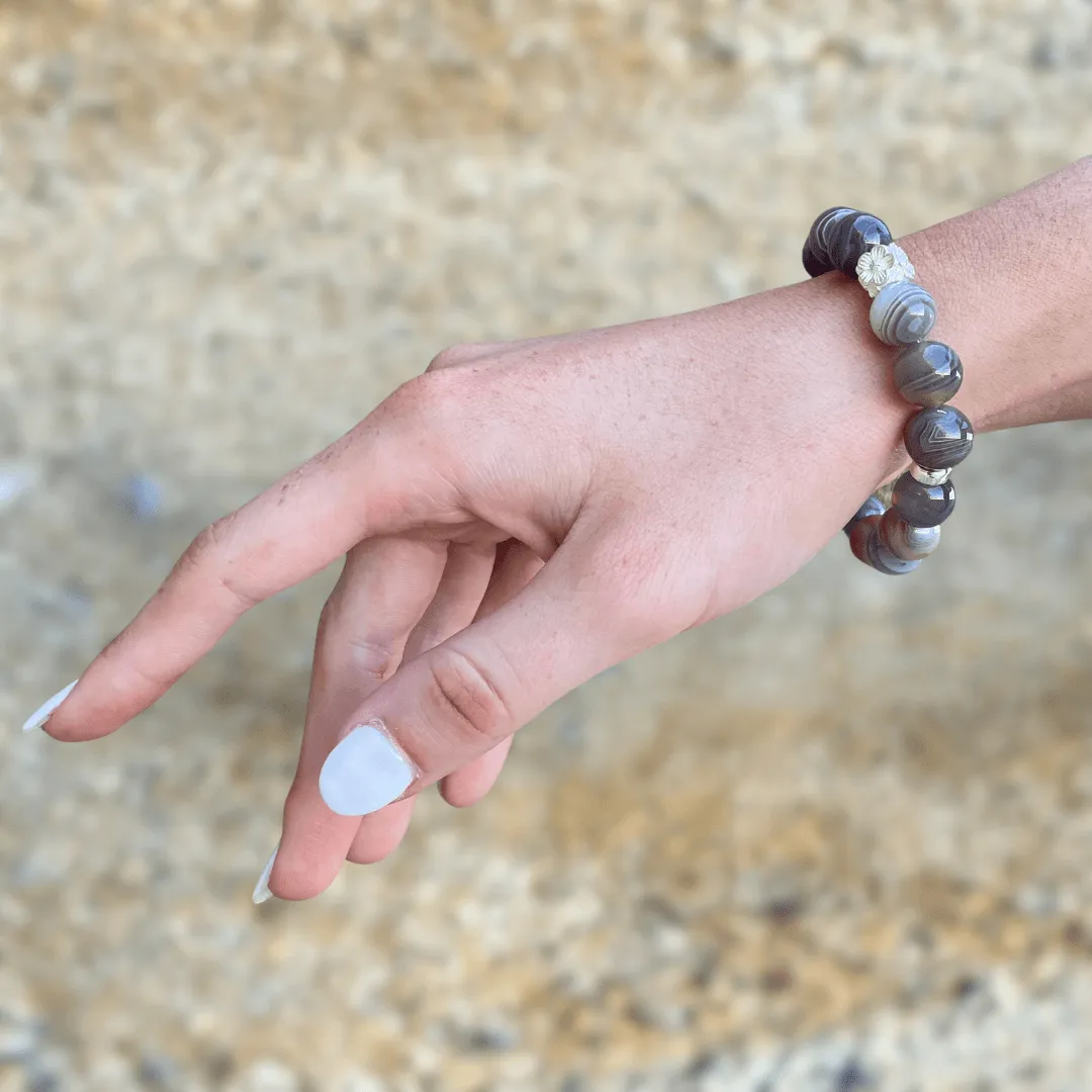 BOTSWANA AGATE & STERLING SILVER BEADED BRACELET-