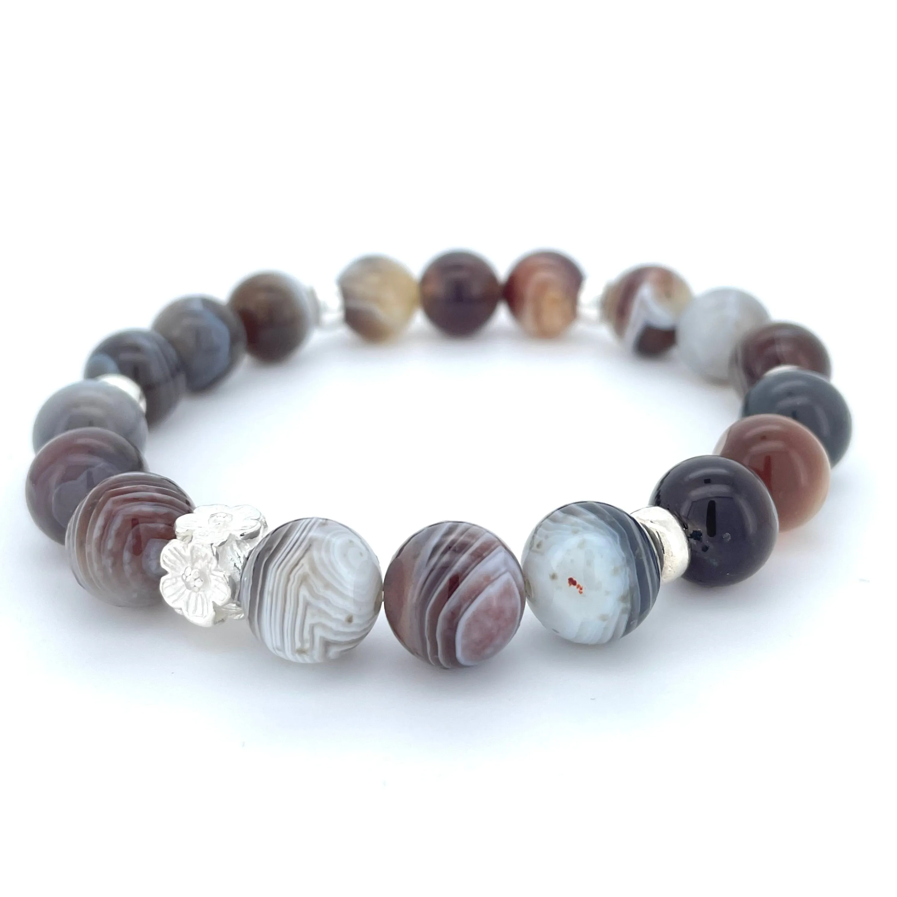 BOTSWANA AGATE & STERLING SILVER BEADED BRACELET-