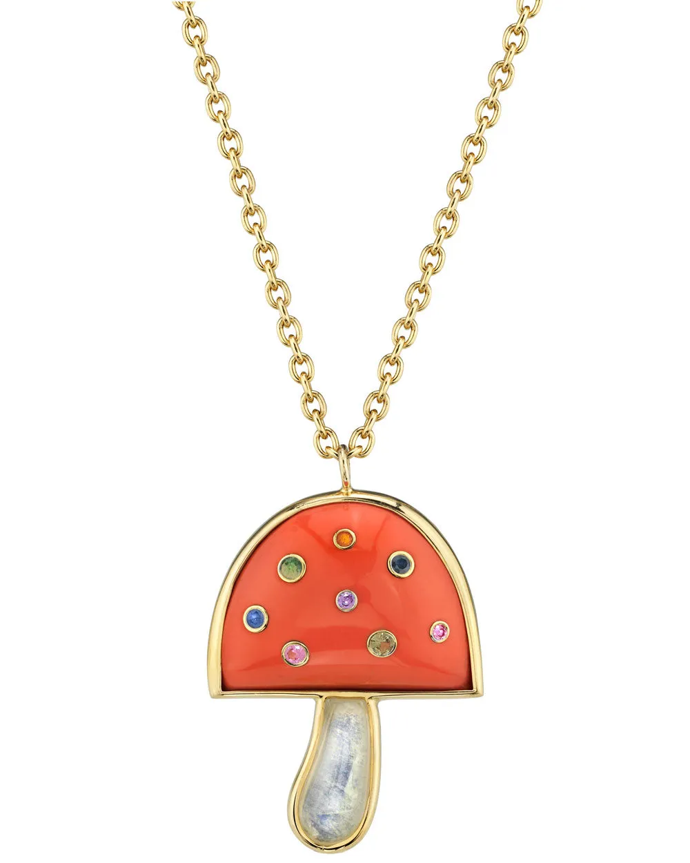 Coral and Sapphire Magic Mushroom Pendant Necklace
