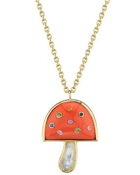 Coral and Sapphire Magic Mushroom Pendant Necklace