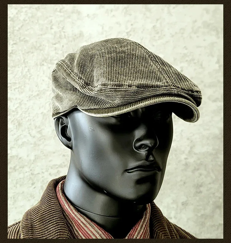 Corduroy Flat Cap - Distressed Vintage Beret - Casual Hat