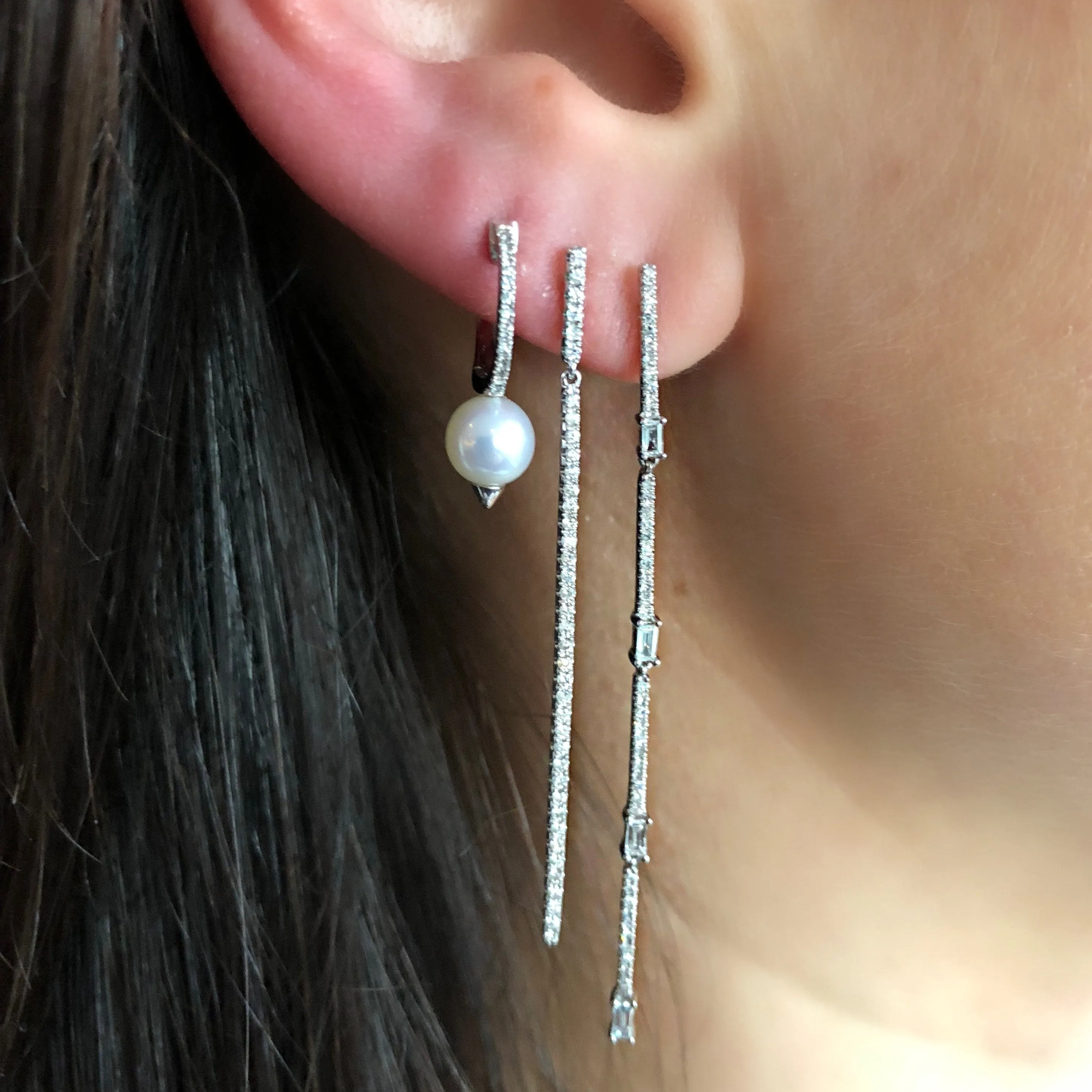 Diamond and Pearl Spike Huggie Hoop Earrings