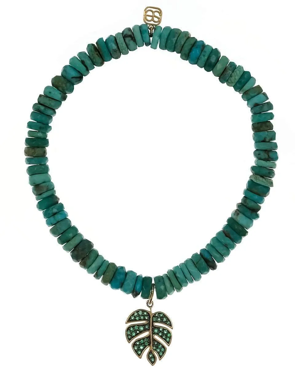 Emerald Monstera Leaf Charm Turquoise Bead Bracelet