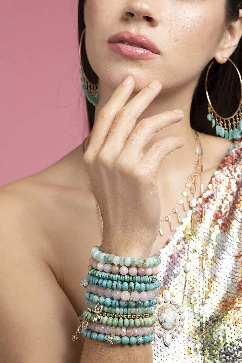 Emerald Monstera Leaf Charm Turquoise Bead Bracelet
