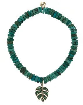 Emerald Monstera Leaf Charm Turquoise Bead Bracelet