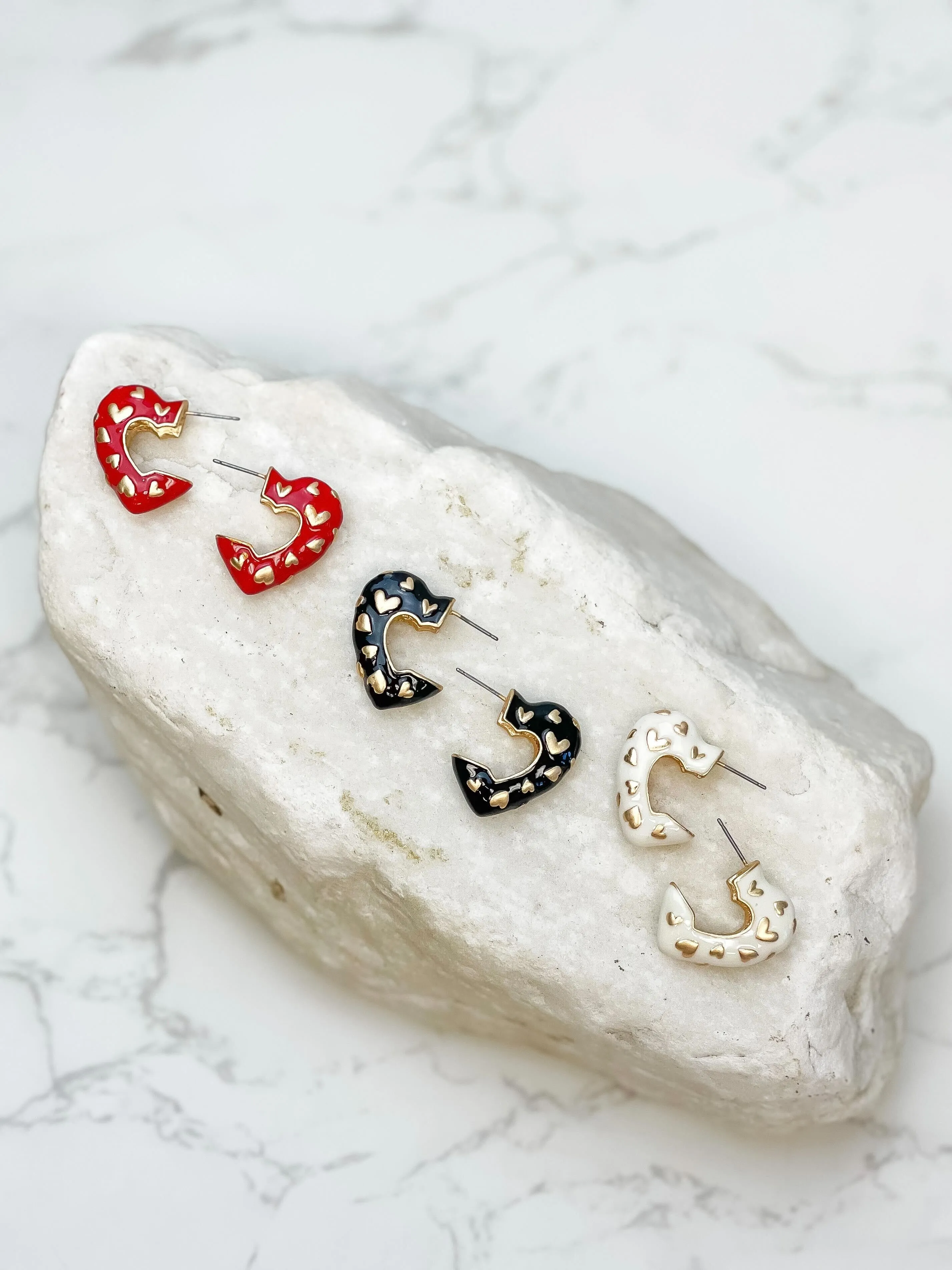 Enamel Heart Gold Mini Hoop Earrings - Jet