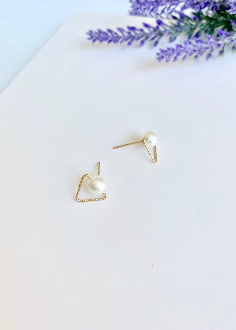 Freshwater Pearl Stud Geometric Earrings / 14K Gold Triangle /  Bridal Party Gifts