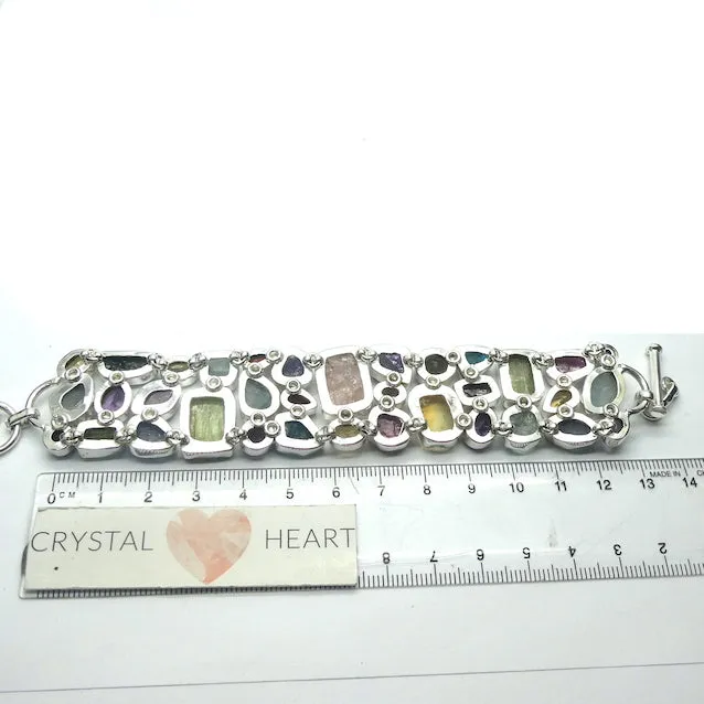 Gemstone Bracelet with multiple Raw Nuggets in Wide Band, 925 Silver,