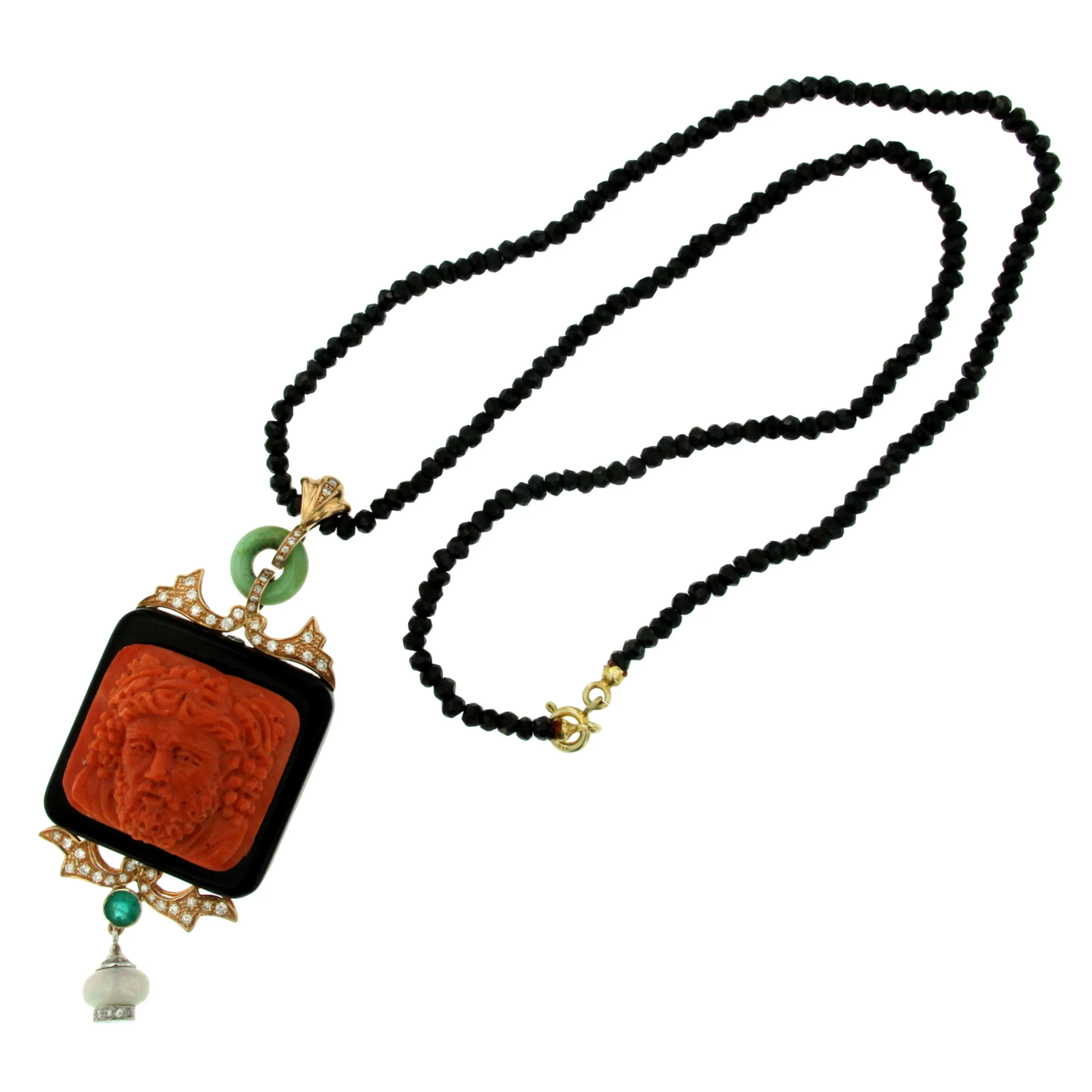 Hand-Carved Mediterranean Coral Onyx Diamond Gold Pendant