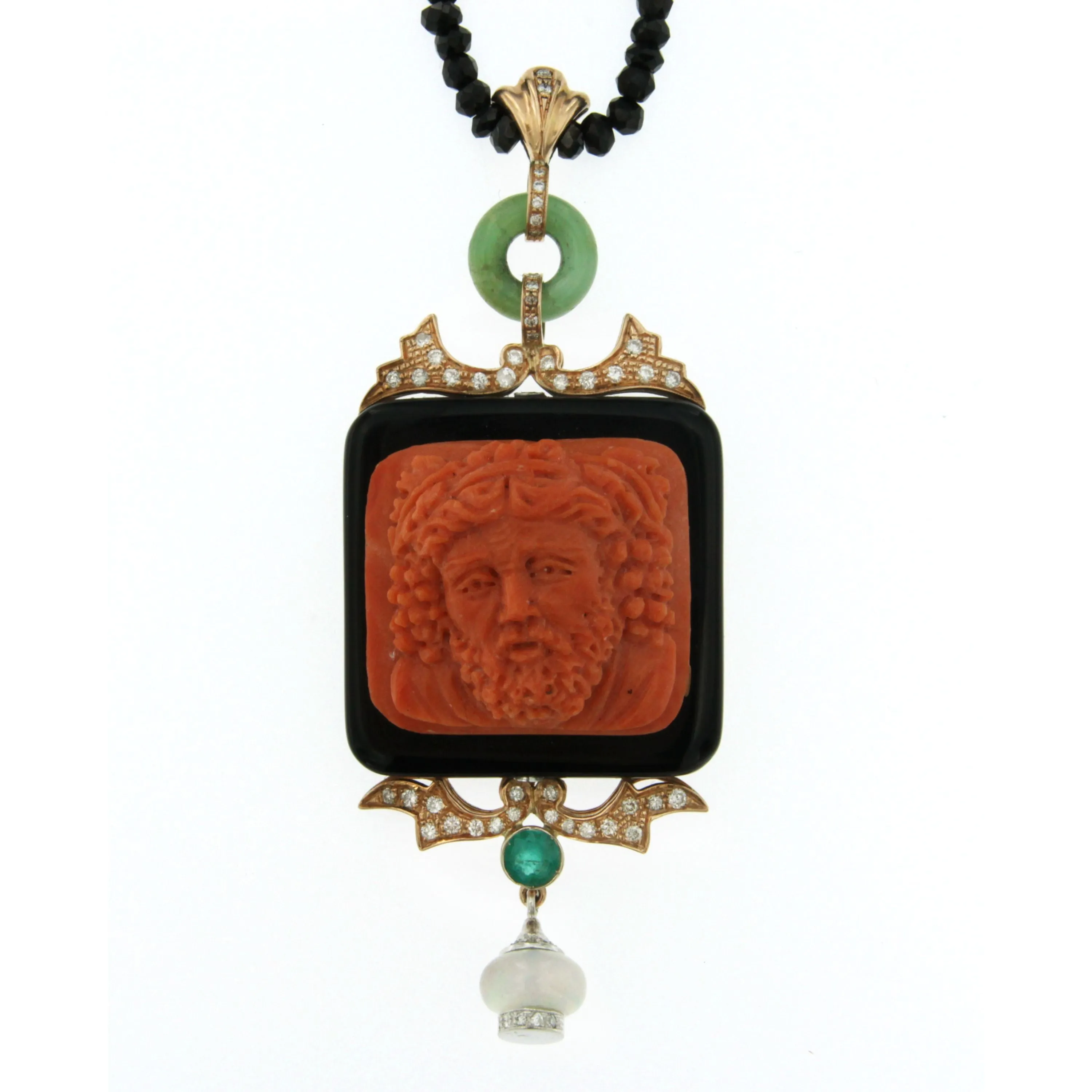 Hand-Carved Mediterranean Coral Onyx Diamond Gold Pendant