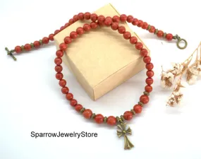 Handmade natural red coral necklace Boho statement necklace Vintage Ukrainian style pendant necklace Genuine red sponge coral Gift for her