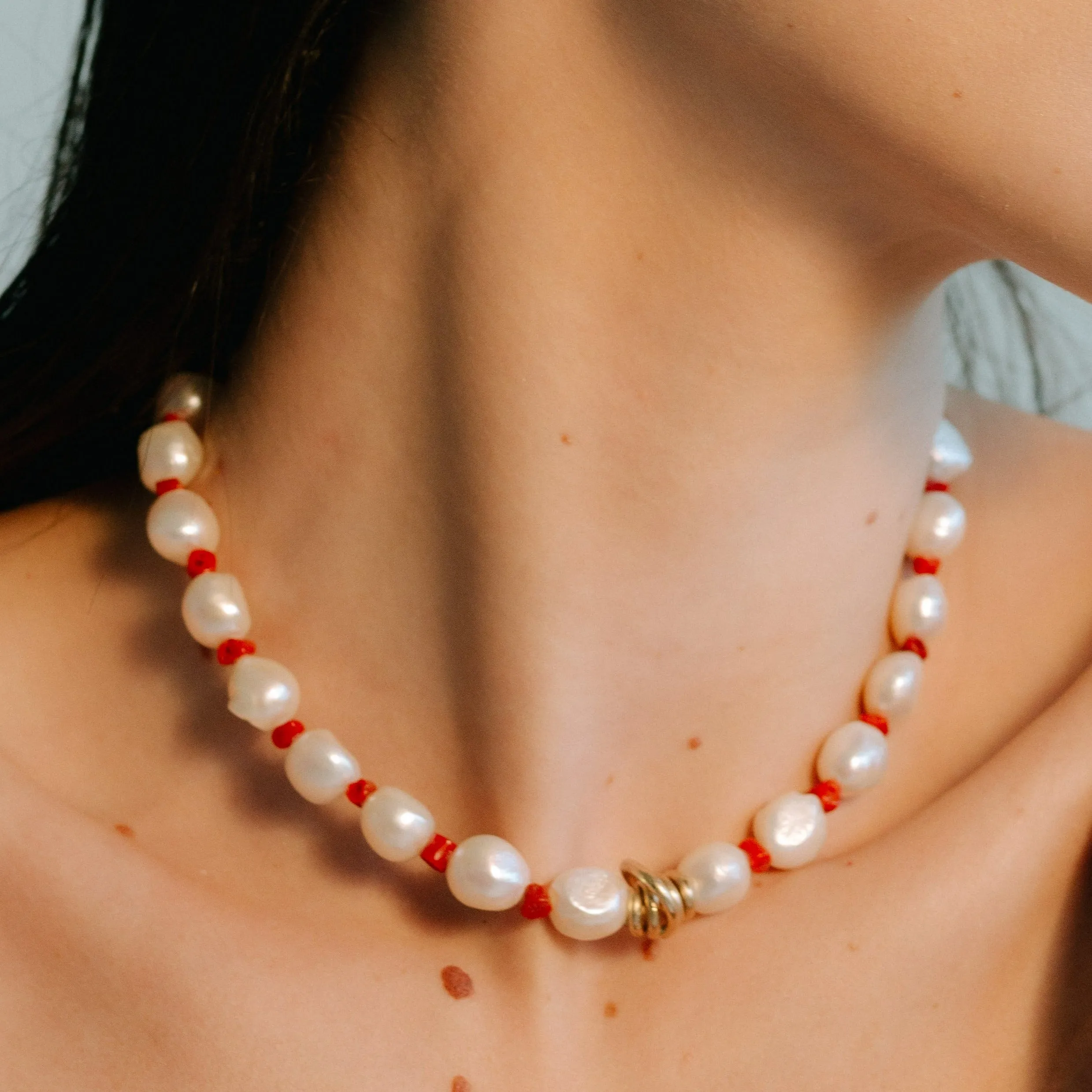 Marejada Necklace #1 - Pearl & Red Coral