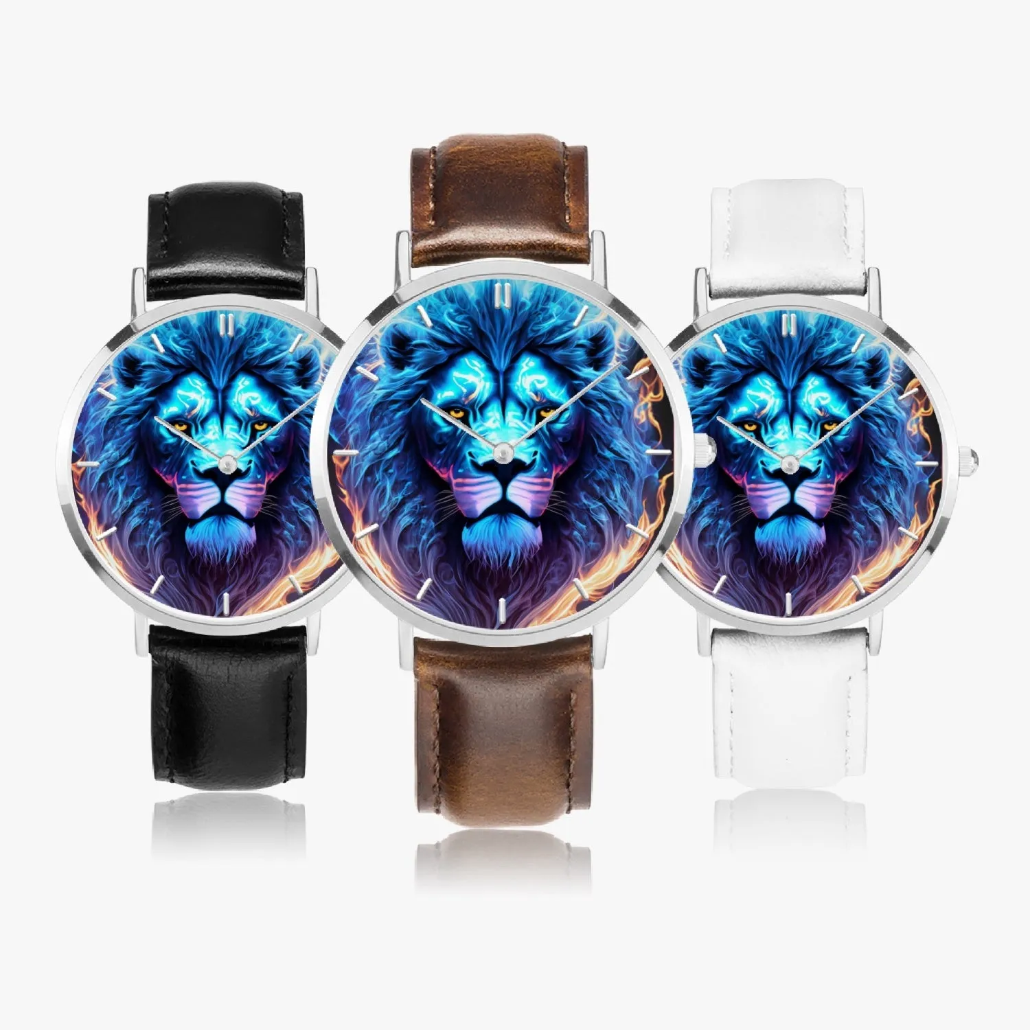 Montre à quartz avec bracelet en cuir ultra-fin (argent avec indicateurs) "Lion Bleu" (165)