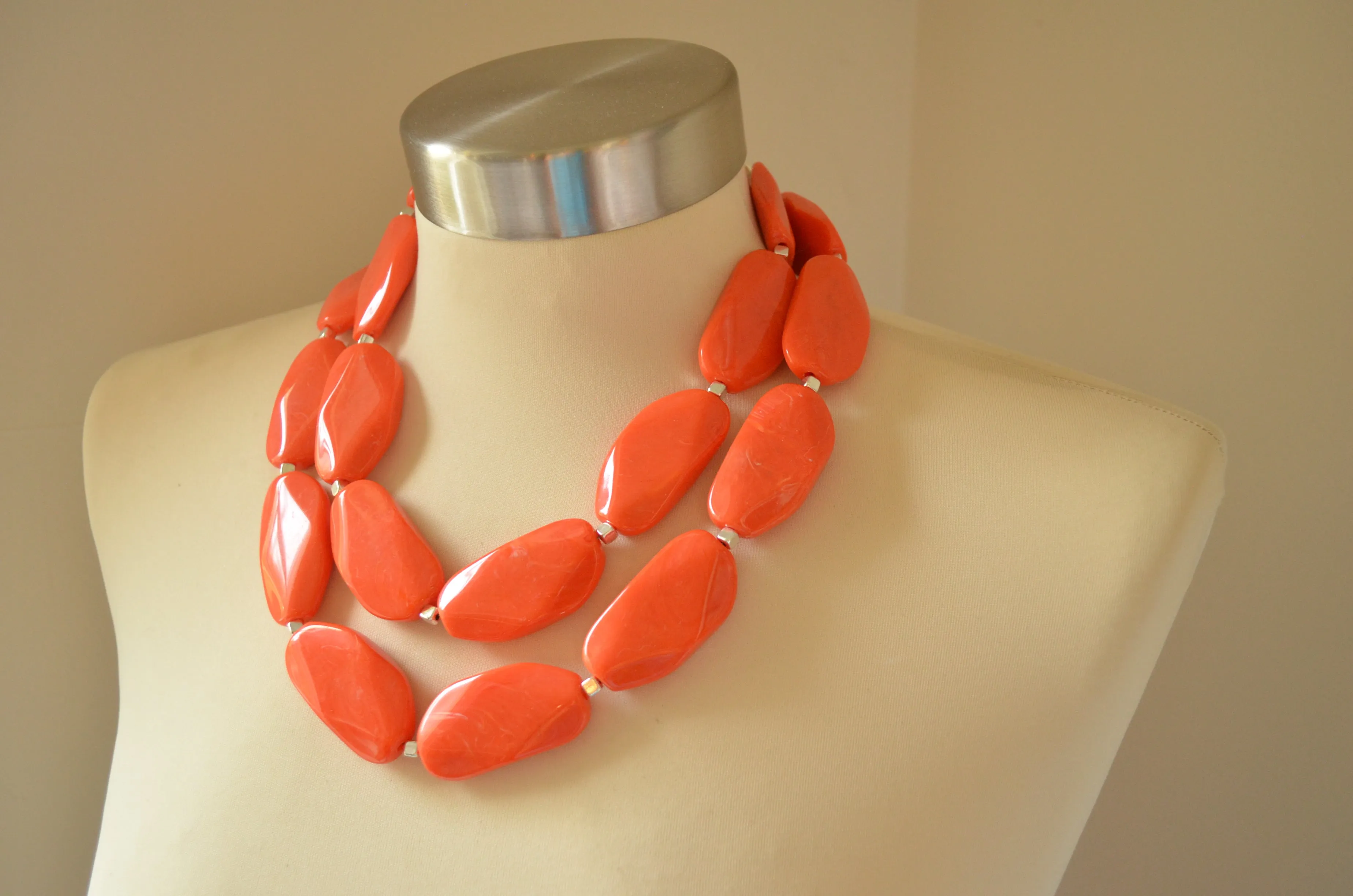 Orange Coral Acrylic Beaded Chunky Multi Strand Necklace - Miranda
