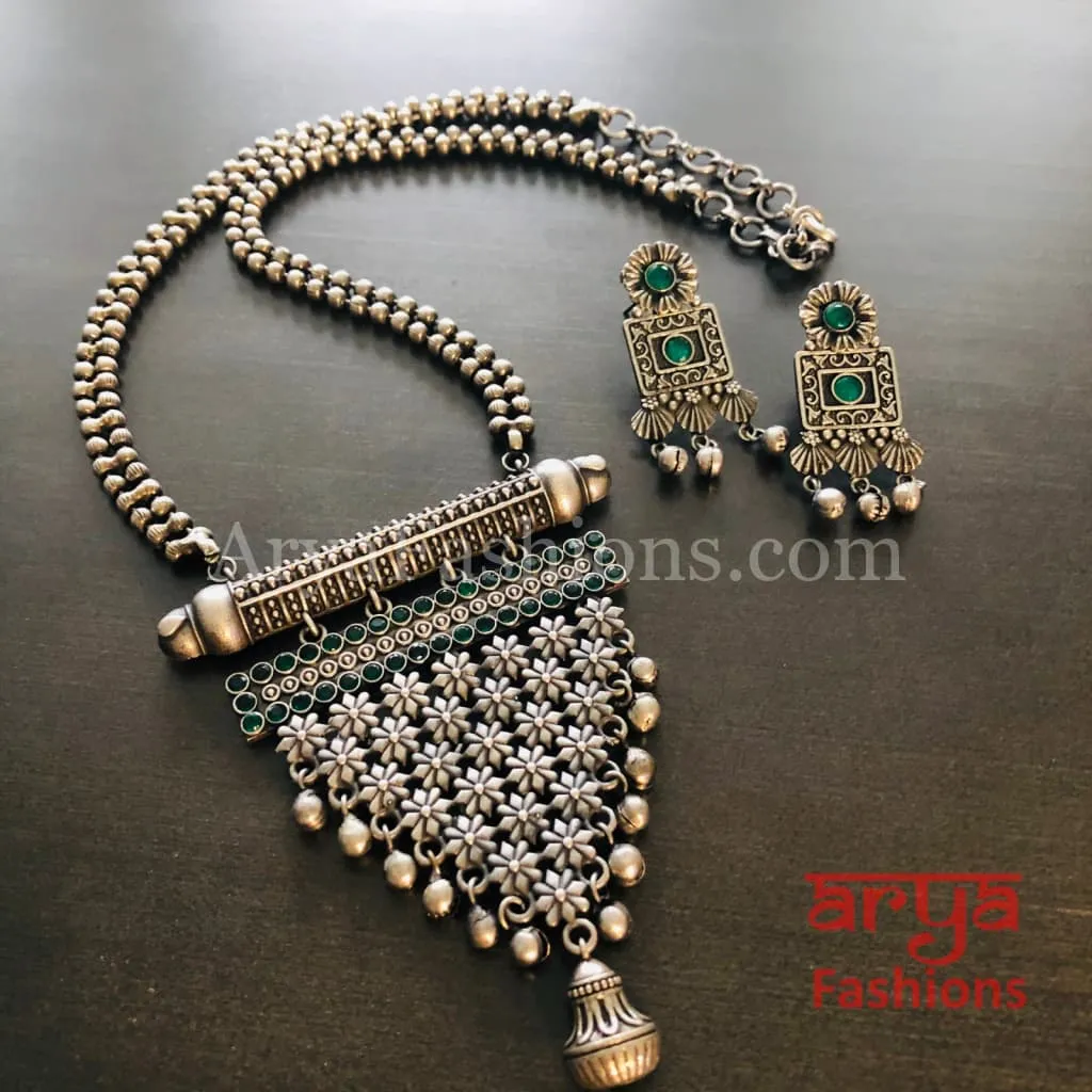 Rubina Oxidized Silver Tribal Pendant Necklace with Chain