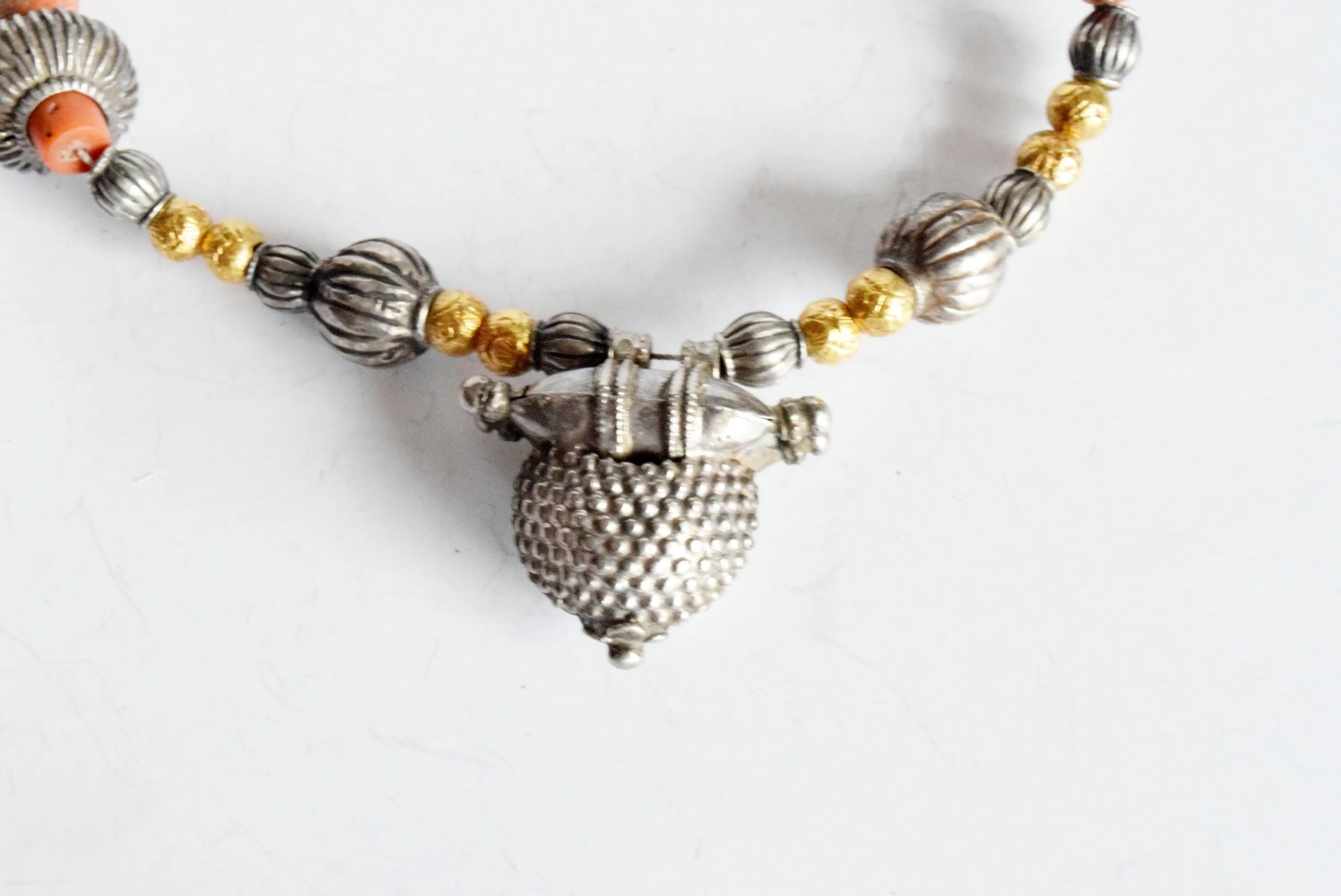 Silver and Coral Necklace with Vintage Amulet