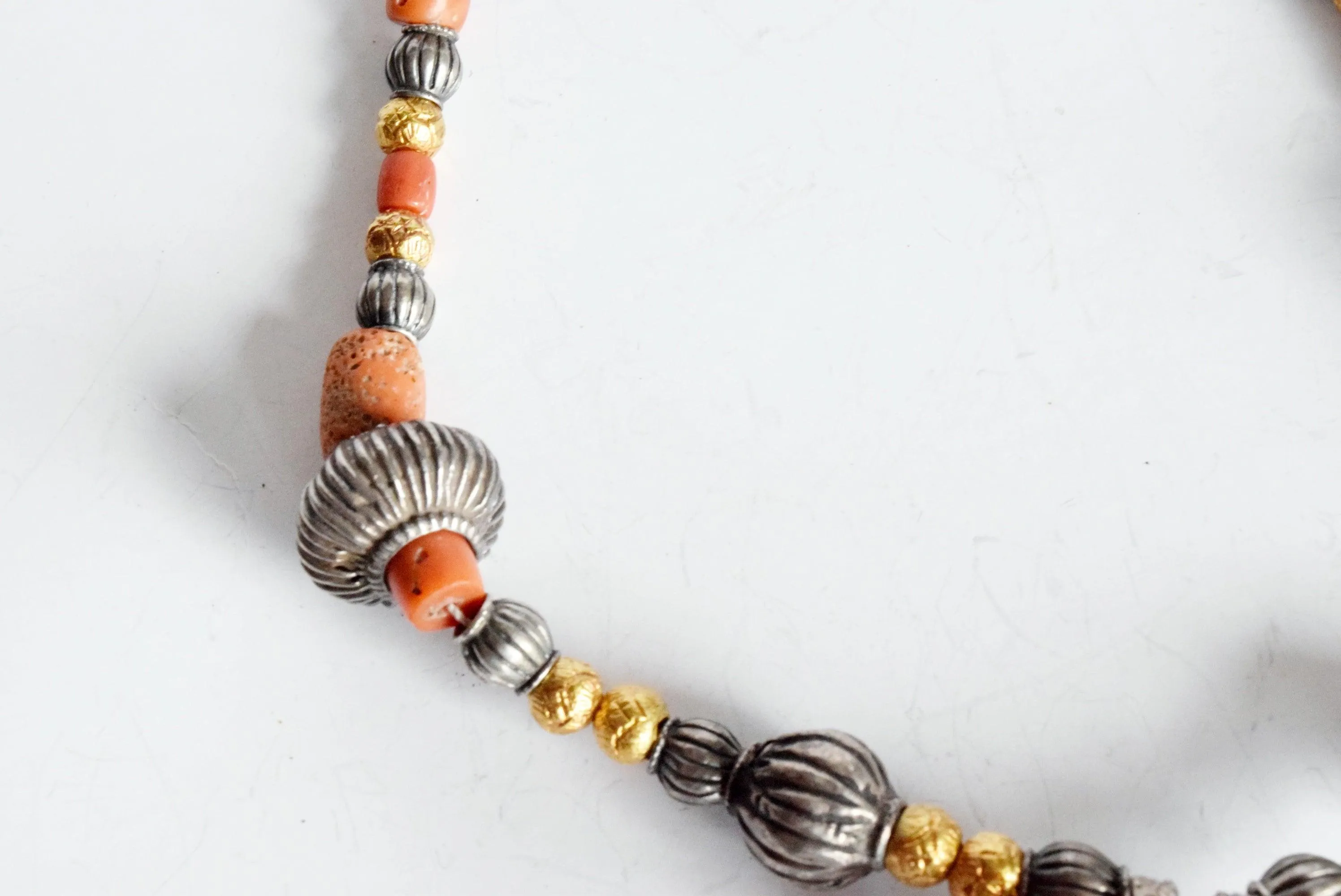 Silver and Coral Necklace with Vintage Amulet