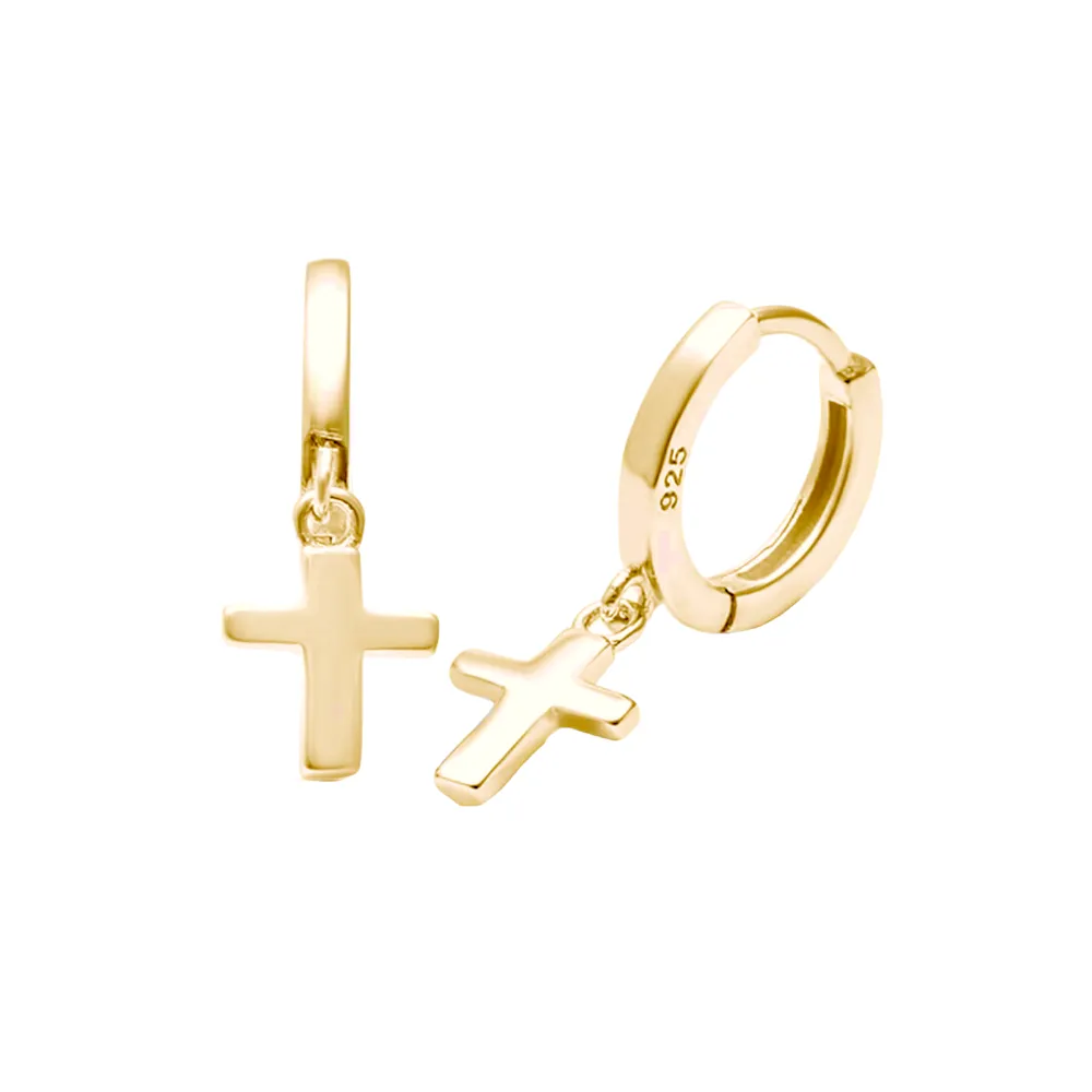 Sterling Silver Huggie Hoop Cross Dangle Earrings