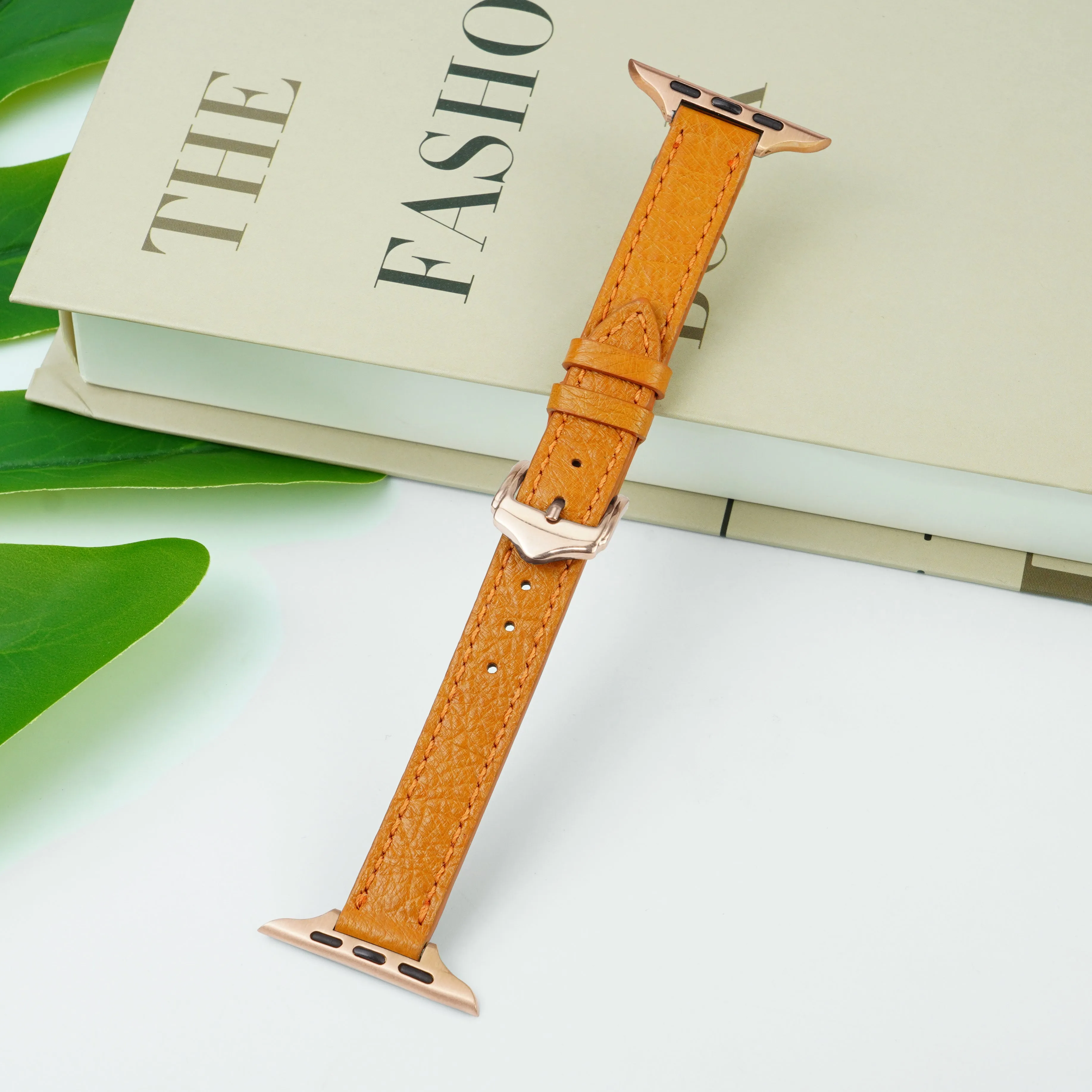 Tan Flat Ostrich Leather Band Compatible Apple Watch Iwatch 42mm Screen Protector Case Gold Adapter Replacement Strap For Smartwatch Series 1 2 3 Leather Handmade AW-182G-W-42MM