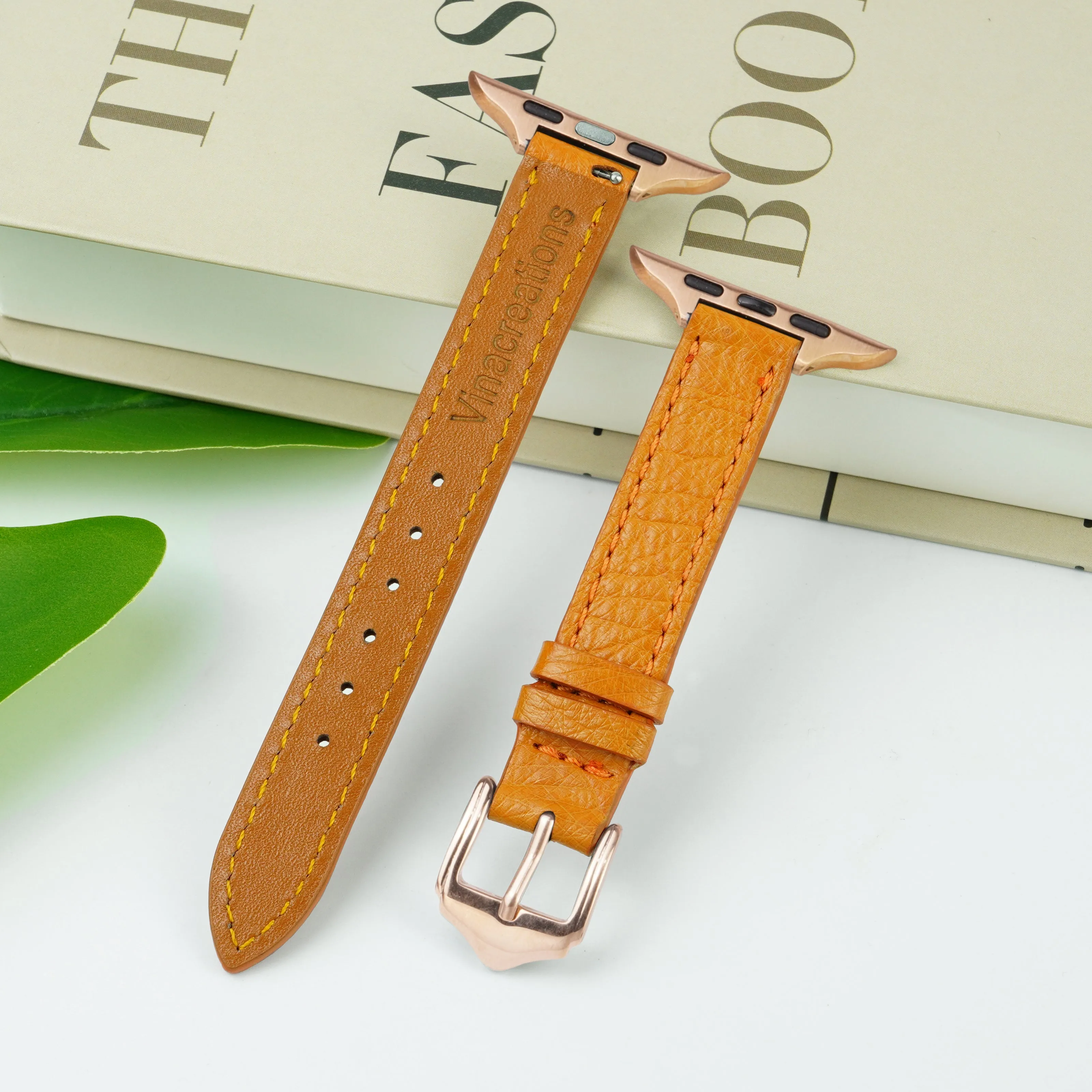 Tan Flat Ostrich Leather Band Compatible Apple Watch Iwatch 42mm Screen Protector Case Gold Adapter Replacement Strap For Smartwatch Series 1 2 3 Leather Handmade AW-182G-W-42MM