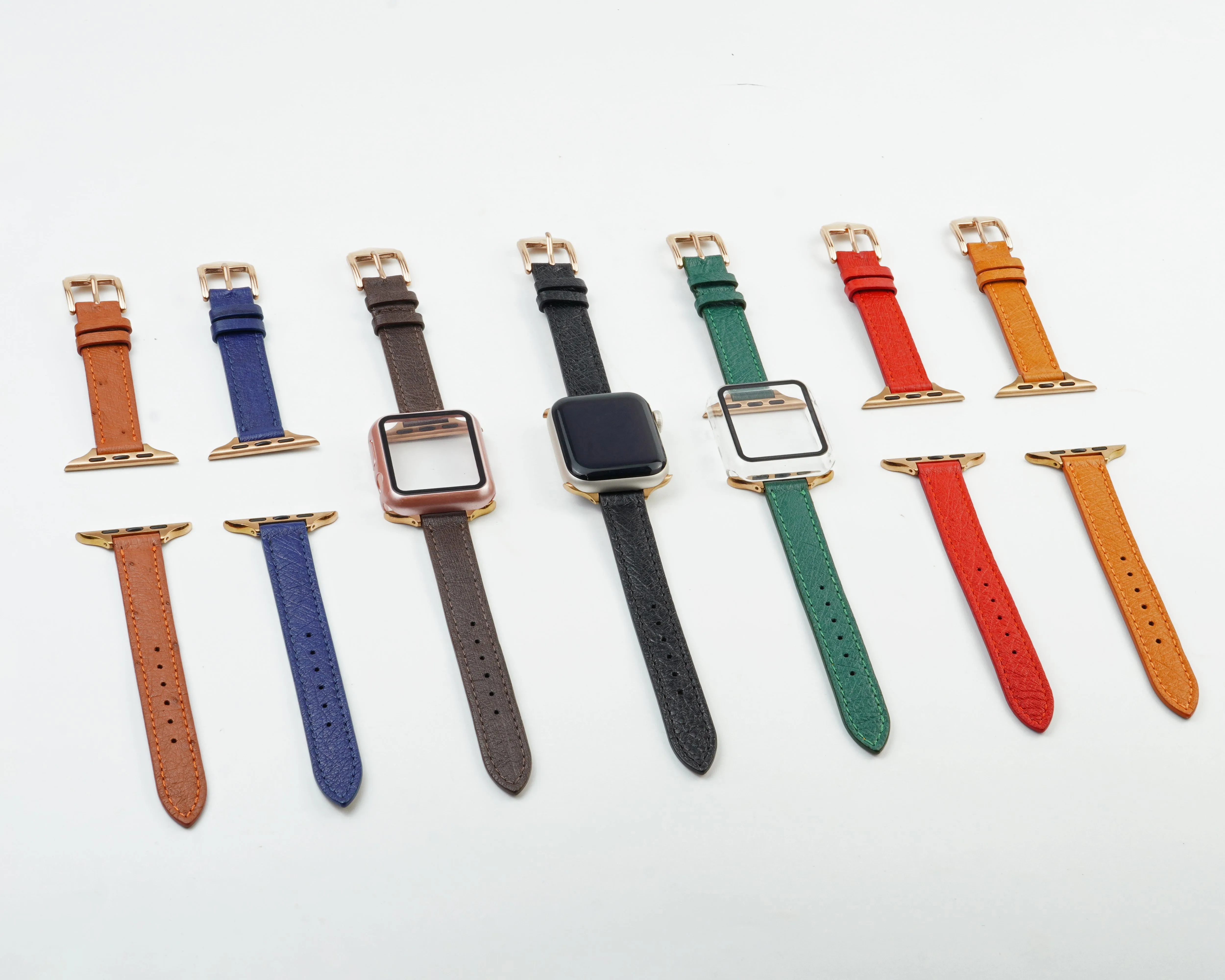 Tan Flat Ostrich Leather Band Compatible Apple Watch Iwatch 42mm Screen Protector Case Gold Adapter Replacement Strap For Smartwatch Series 1 2 3 Leather Handmade AW-182G-W-42MM