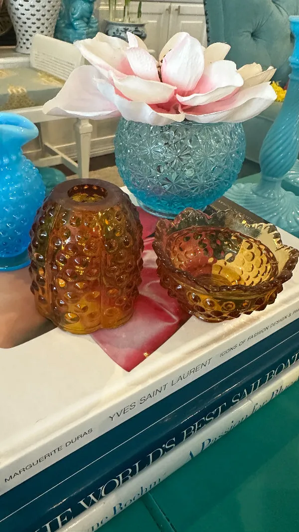 Vintage Fairy Lamp,Fenton Amber Glass, Hobnail, Marked