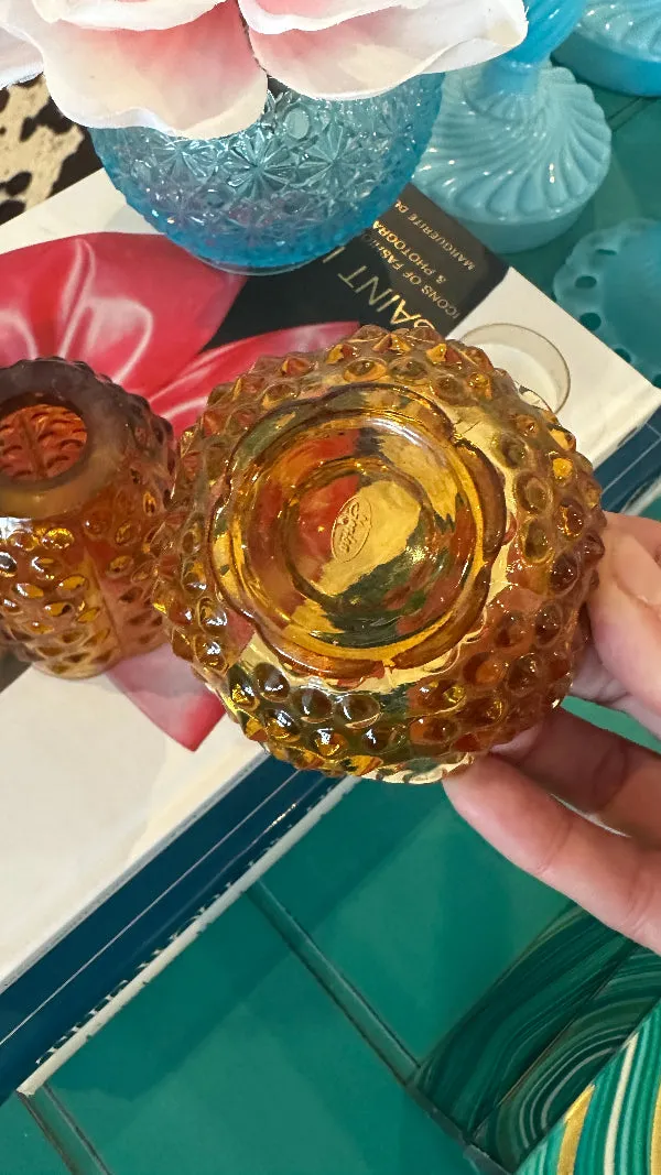 Vintage Fairy Lamp,Fenton Amber Glass, Hobnail, Marked